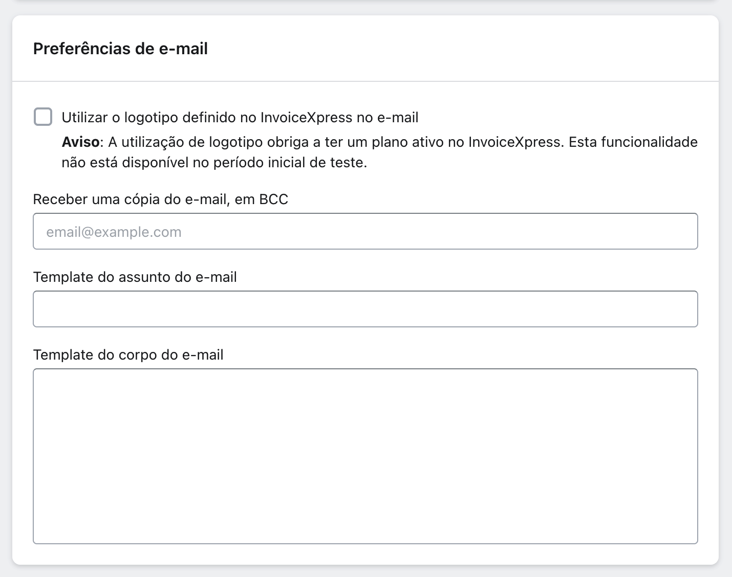 Configurações de envio de documentos por e-mail no xpressifi