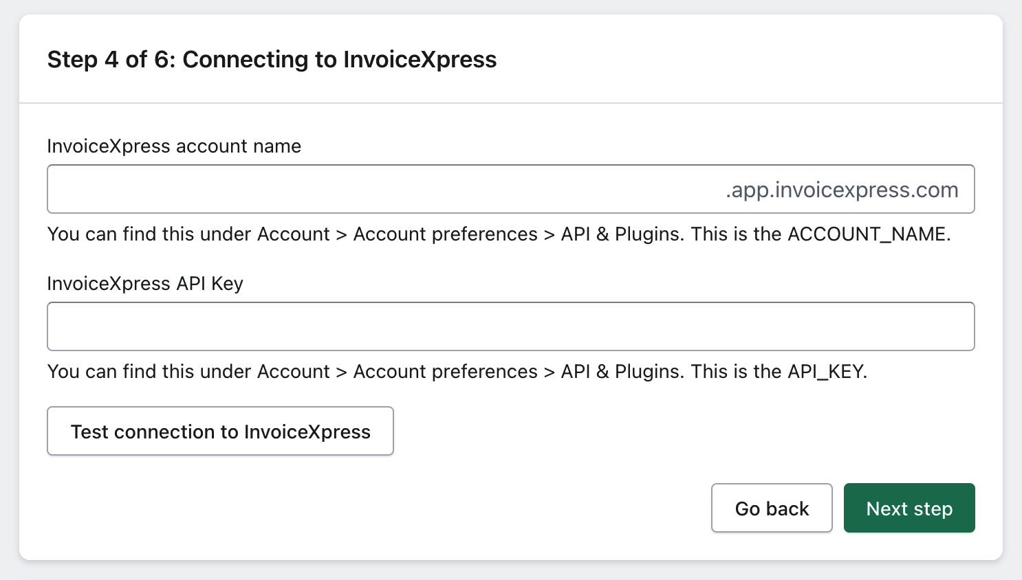 xpressifi onboarding fourth page: invoicexpress connection configuration