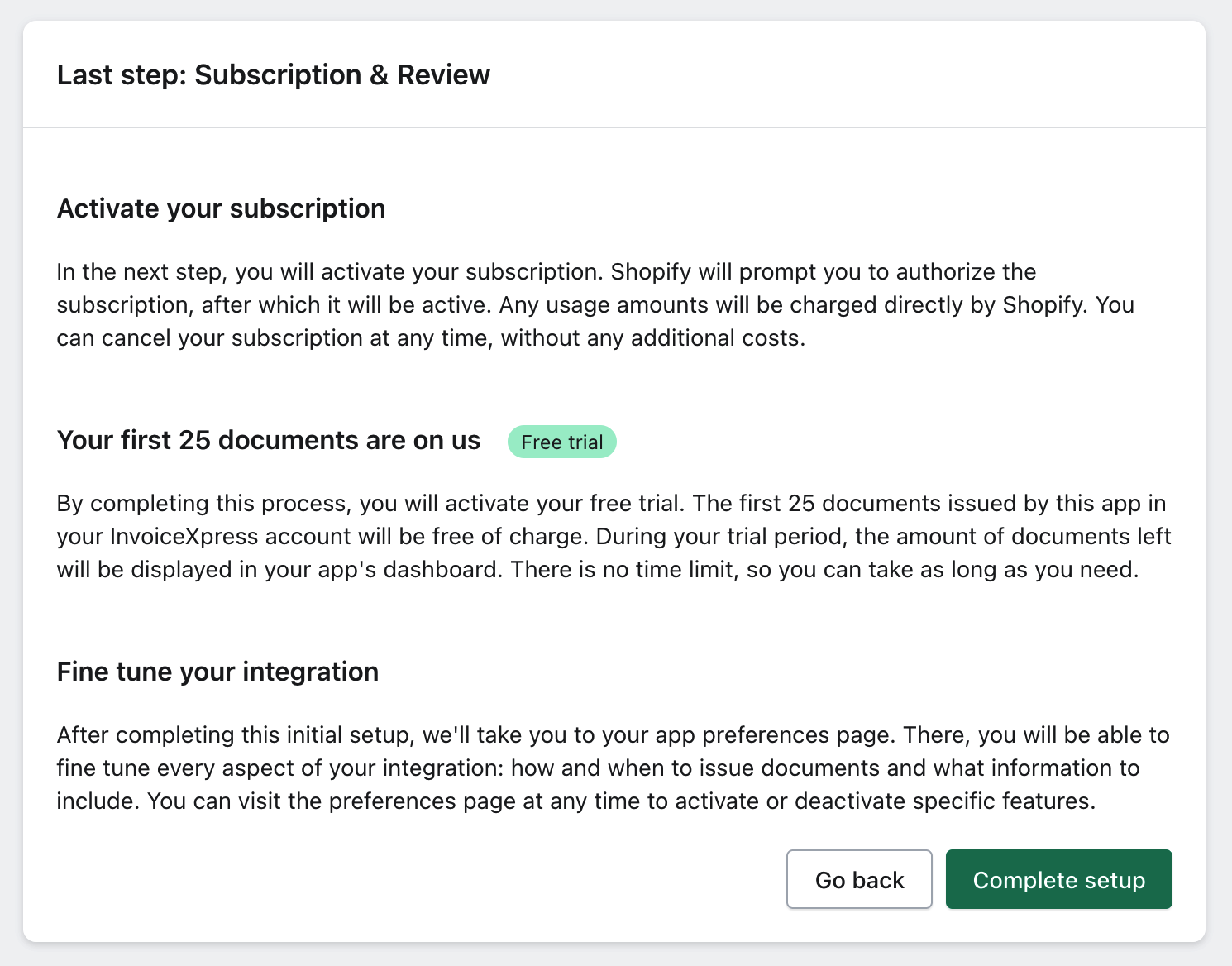 xpressifi onboarding sixth page: subscription information