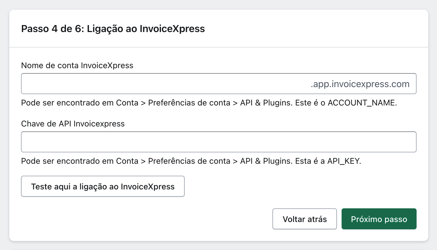 xpressifi onboarding fourth page: invoicexpress connection configuration